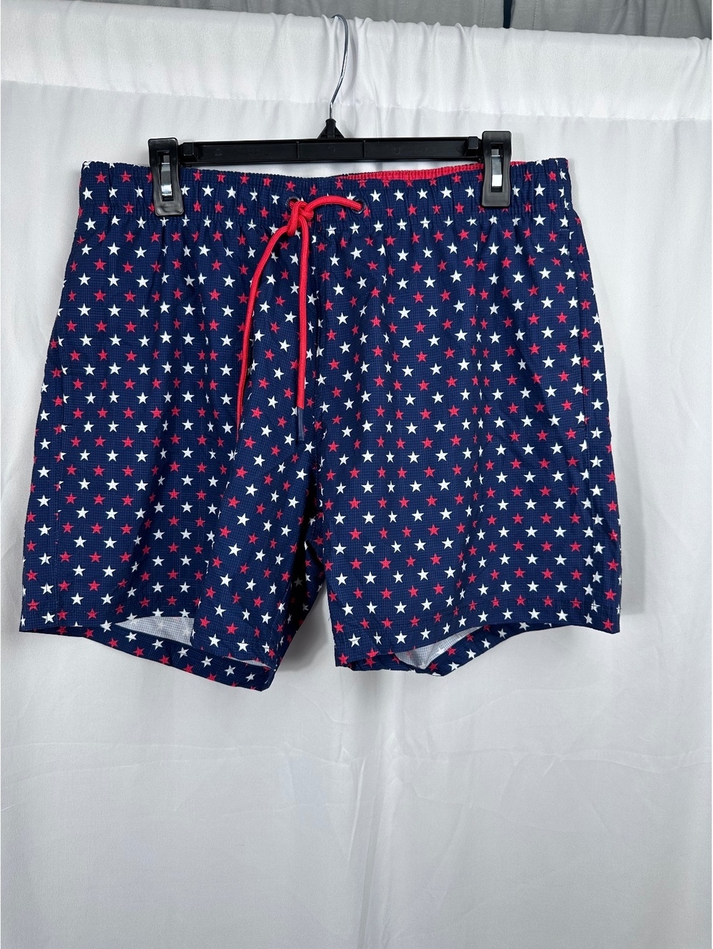 Broken Threads Men's Star Pattern Swim Trunks with Red Drawstring, Size Large